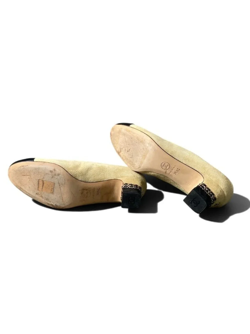 Chanel Quilted Chain Trim Pumps Beige Black Suede Heel
